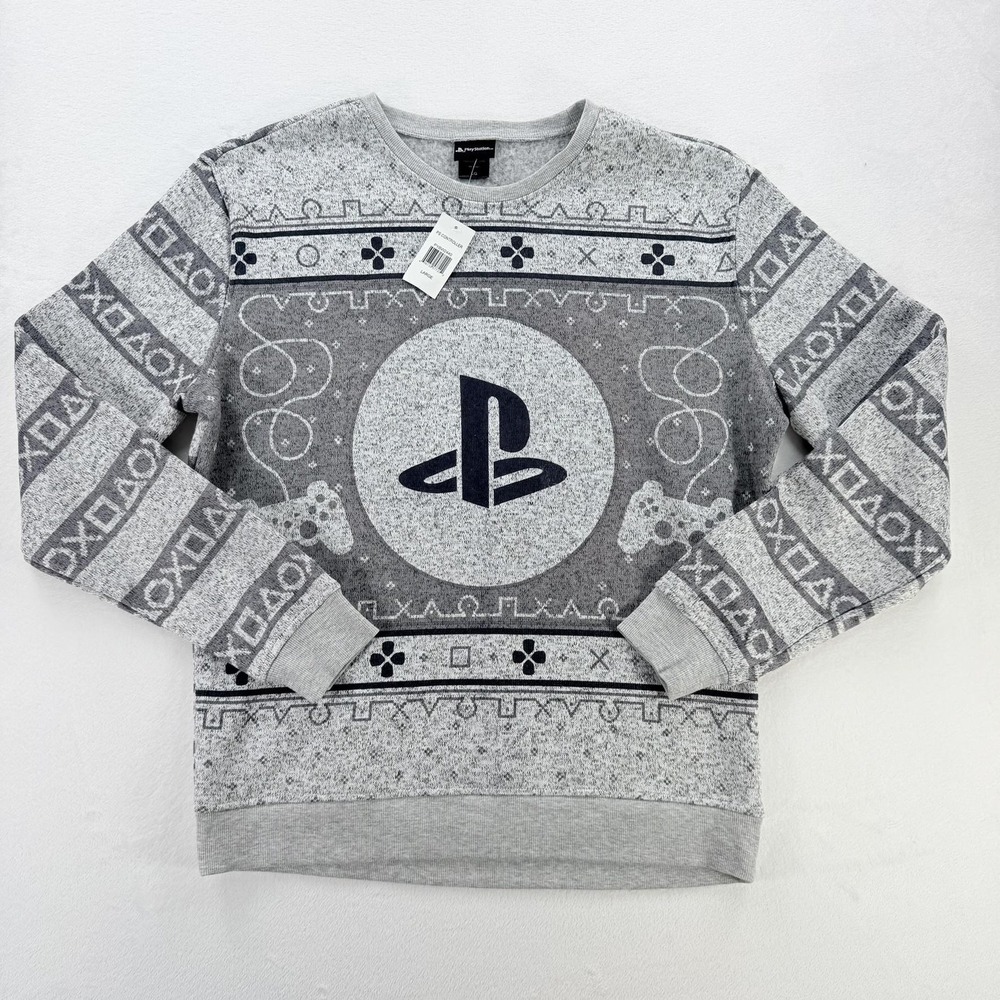 PlayStation Sweatshirt Mens Large Gray Controller Logo Fleece Pullover Christmas